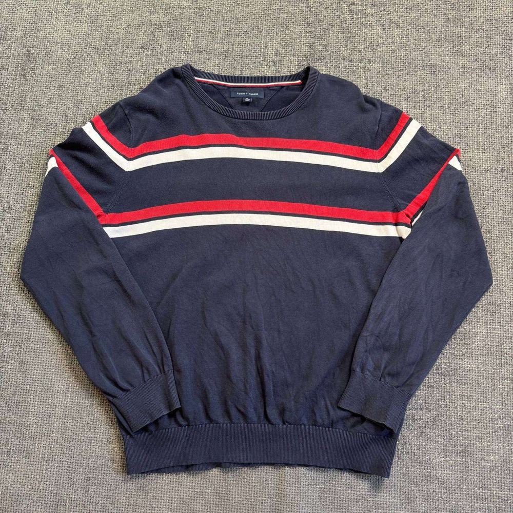 Tommy Hilfiger Striped Crewneck Sweater Mens Large Navy Blue Red White Ribbed